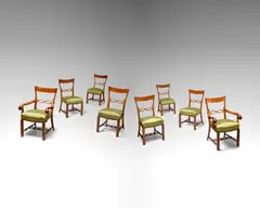Otto Prutscher, Set of Eight Dining Chairs, for Anton Popischil, solid and veneered walnut, satin upholstery, comprising set of six side chairs and pair of armchairs