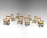 Otto Prutscher, Set of Eight Dining Chairs, for Anton Popischil, solid and veneered walnut, satin upholstery, comprising set of six side chairs and pair of armchairs