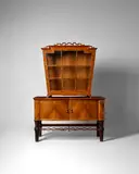 Otto Prutscher, Vitrine Cabinet, for Anton Popischil, solid, carved, and inlaid walnut, glazed doors, and brass pulls, metal manufacturer's label to the inside door
