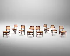 Set of Eight Dining Chairs by Joaquim Tenreiro, Jacaranda da Bahia, cane, remnants of paper label to three examples, sold Jun 2024