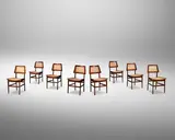 Set of Eight Dining Chairs by Joaquim Tenreiro, Jacaranda da Bahia, cane, remnants of paper label to three examples, sold Jun 2024