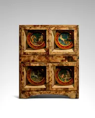 Bar by Aldo Tura, depicting lithographically printed trompe-l'oeil chargers with classical scenes, lacquered goat skin, mahogany, mirrored, sold Jun 2024