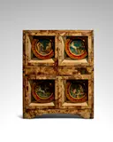 Aldo Tura, Bar, depicting lithographically printed trompe-l'oeil chargers with classical scenes, lacquered goat skin, mahogany, mirrored glass