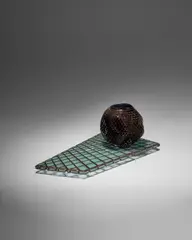 'Fluid Plane' by Michael Glancy, blown, engraved and electroplated glass with copper, industrial plate glass, engraved 'Michael M, sold Jun 2024