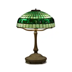 Tiffany Studios, Geometric Turtle Back Table Lamp, leaded glass, patinated bronze, shade tag-stamped 'TIFFANY STUDIOS NEW YORK'