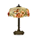 Pairpoint, Butterfly and Roses Puffy Table Lamp, reverse painted glass, patinated metal, shade with gilt signature 'The Pairpoint Corp