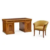Louis Majorelle, Pedestal Desk and Chair, carved walnut, leather, velvet