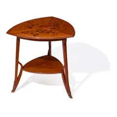 Triangular Two-Tiered Table by Louis Majorelle, marquetry inlaid mahogany and bronze, sold Mar 2024