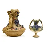 Eduard Stellmacher, Monumental Nymph and Berry Vase, , together with a smaller similar Amphora vase, glazed and sculpted earthenware, impressed 'AMPHORA 0797' to underside of monumental vase