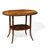 Lobed Two-Tiered Table by Émile Gallé, marquetry inlaid walnut, signed 'Gallé' in marquetry, sold Mar 2024