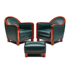 French Art Deco, Pair of Club Chairs and Ottoman, mahogany, green leather