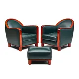French Art Deco, Pair of Club Chairs and Ottoman, mahogany, green leather