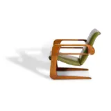 Kem Weber, Airline Chair, oak, vinyl upholstery, leather, brass studs
