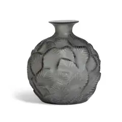 Ormeaux Vase by René Lalique, frosted and polished grey glass, etched and numbered 'R, sold Mar 2024