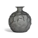 Ormeaux Vase by René Lalique, frosted and polished grey glass, etched and numbered 'R, sold Mar 2024