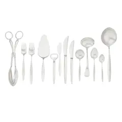 Cypress Pattern Flatware Service by Georg Jensen, designed by Tias Eckhoff, sterling silver, stainless steel, stamped 'STERLING DENMARK' with Georg Jensen hallmark, monog, sold Mar 2024