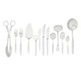 Georg Jensen, Cypress Pattern Flatware Service, designed by Tias Eckhoff, sterling silver, stainless steel, stamped 'STERLING DENMARK' with Georg Jensen hallmark, monogrammed 'R'