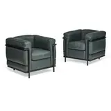 Pair of LC2 Grand Confort Chairs by Le Corbusier, Charlotte Perriand & Pierre Jeanneret, for Cassina, tubular steel, green leather, with Cassina marks on underside of seat cushion, sold Mar 2024