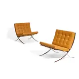Pair of Barcelona Chairs by Ludwig Mies van der Rohe, for Knoll International, leather, chromed steel, sold Mar 2024