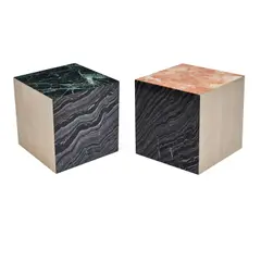 Pair of Cube Form Side Tables by Aimee Song, various marble surfaces, offered Mar 2024