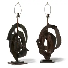 Harry Balmer, Pair of Table Lamps, for Laurel Lamp Company, cut and welded steel, copper