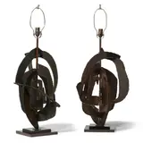 Harry Balmer, Pair of Table Lamps, for Laurel Lamp Company, cut and welded steel, copper