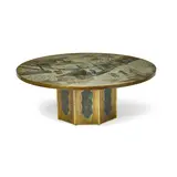 Chan Circular Coffee Table by Philip and Kelvin Laverne, acid-etched, enameled and patinated bronze over wood, acid-etched facsimile signature 'Philip + Kelvin Laverne', sold Mar 2024