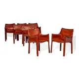Mario Bellini, Set of Eight Cab Chairs, for Cassina, cognac leather, steel, each stamped 'Cassina' on the underside