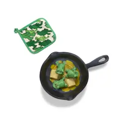 David Gilhooly, Frying Pan with Butter and Frogs, glazed ceramic together with a frog patterned pot holder, incised 'David Gilhooly' on underside