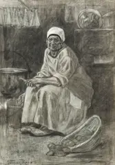 Félicien Rops, L'éplucheuse de pommes de terre (ou la vieille Kate, Bruges), Mine de plomb rehaussée de crayon blanc