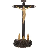 Calvario, ORIGEN INDO-PORTUGUÉS, SIGLO XVIII, Talla en marfil, entintado; base de madera estilizada, sobre la cual se encuentran las figuras de Cristo crucificado, la Virgen María, San Juan (el Evangelista) y María Magdalena; cruz rectangular de madera, con cantoneras de metal plateado