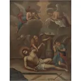 Cristo del Desmayo, MÉXICO, SIGLO XVIII, Óleo sobre lámina de cobre con marco Claudio Pellandini