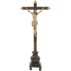 Cristo Crucificado, MÉXICO, SIGLO XX, Talla en madera encarnada y policromada sobre cruz de madera con aplicaciones de bronce