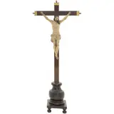 Cristo Crucificado, MÉXICO, SIGLO XX, Talla en madera encarnada y policromada sobre cruz de madera con aplicaciones de bronce