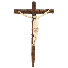 Cristo Crucificado, ORIGEN HISPANO-FILIPINO, CA., 1800, Talla en marfil con detalles entintados y policromados sobre cruz de madera tallada