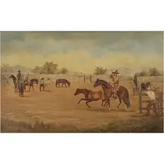 Ernesto Icaza Sánchez, ARREANDO YEGUAS EN EL CORRAL, Óleo sobre tela