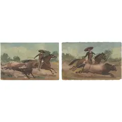 A la Manera de G. Morales, LAZANDO TOROS EN EL CAMPO, Óleo sobre cartoncillo