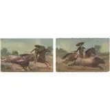 A la Manera de G. Morales, LAZANDO TOROS EN EL CAMPO, Óleo sobre cartoncillo