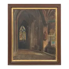 Firmado Karoly E, Interior de Iglesia, Óleo sobre tabla