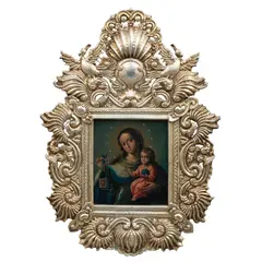Virgen de la Merced, MÉXICO, SIGLO XX, Óleo sobre lámina de cobre; marco metálico con relieves a manera de acantos