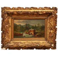 Paisaje con río y cabaña by Anónimo, Óleo sobre madera, offered Sep 2024