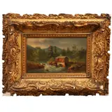 Anónimo, Paisaje con río y cabaña, Óleo sobre madera