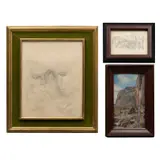 Autores No Identificados, a) Paisaje de Montserrat, Óleo sobre tabla, impresión y grafito sobre papel