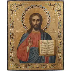 CRISTO PANTOCRATOR by Icono, Óleo y hoja de oro punzonada y esgrafiada sobre tabla, sold Aug 2024