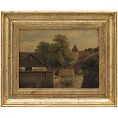 Robert Léopold Leprince, VISTA DE VILLA CON CANAL, Óleo sobre tela