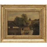 Robert Léopold Leprince, VISTA DE VILLA CON CANAL, Óleo sobre tela