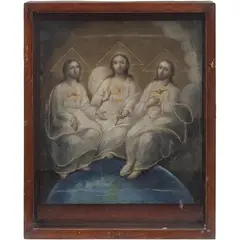 Trinidad Antropomorfa, MÉXICO, SIGLO XIX, Óleo sobre tela montado sobre madera