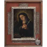 Virgen Dolorosa, MEXICO, CA., 1811, Óleo sobre lámina intervenida con colgante a manera de arete