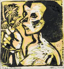 Michael Kane, Nude with Flowers II, A/P Coloured Woodcut Print