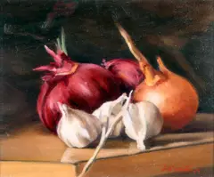 Terese McAllister, Onion and Garlic, Oil on Board